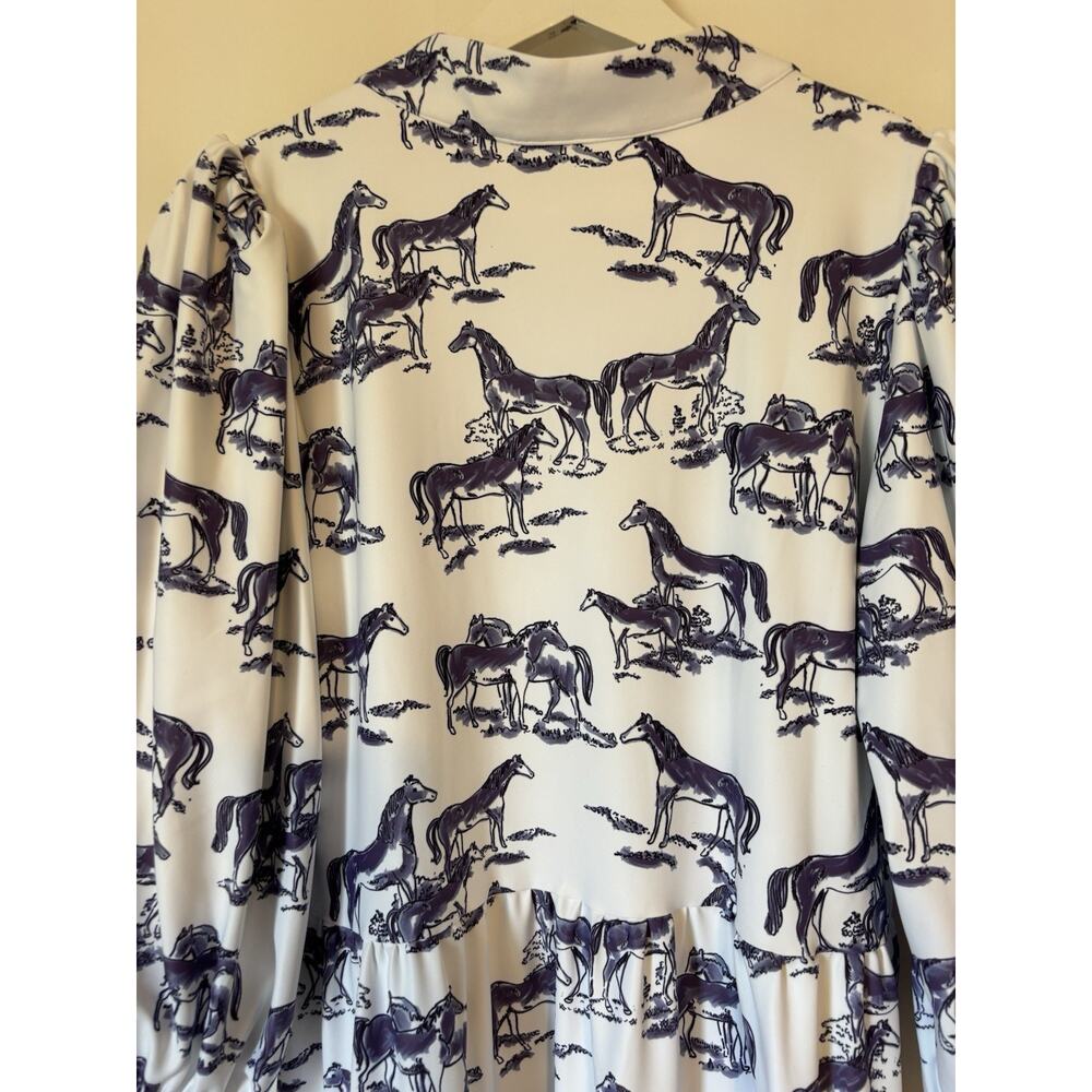 Smith & Quinn Dress Medium Mini Aline Puff Sleeve Horse
Print White Blue Stretch - Picture 12 of 12